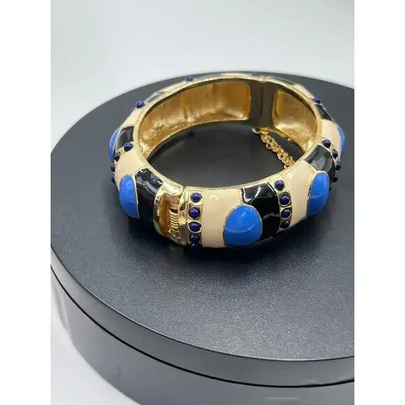 J. Crew Blue Enamel Tan Gold Tone Hinged Safety Chain Bangle Bracelet